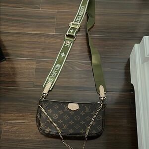 Brown Crossbody Bag with Monogram Pattern and Detachable Strap